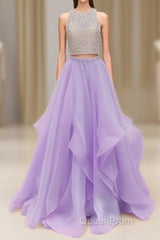 Unique Two Pieces Sequin Purple Long Evening Prom Dresses, Purple Evening Dresses