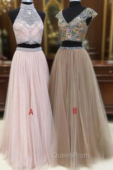 Unique Two Pieces Tulle Long Evening Prom Dresses, Unique Evening Dresses