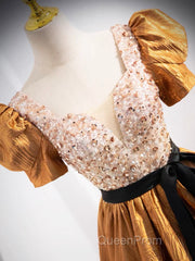 Unique V-Neck Beaded Floor Length Evening Prom Dresses, Beautiful A-Line Short Sleeve Party Dresses