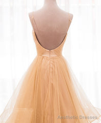 Unique V Neck Tulle A-Line Long Prom Dress Tulle Formal Dress