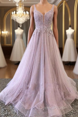 Unique v neck tulle lace long Evening Prom Dresses, tulle evening Dresses