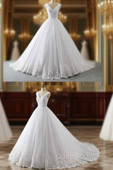 Unique White Lace V Neck Puffy Sweep Train Wedding Dresses, Lace Formal Evening Prom Dresses