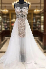 Unique White Round Neck Tulle Short Evening Prom Dresses, White Evening Dresses