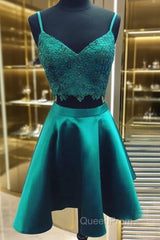 V Neck 2 Pieces Short Green Lace Evening Prom Dresses, Two Pieces Short Green Formal Homecoming Dresses