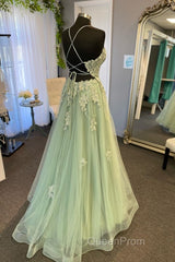 V Neck A Line Green Tulle Long Evening Prom Dresses With Applique