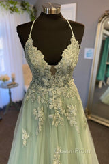 V Neck A Line Green Tulle Long Evening Prom Dresses With Applique
