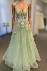 V Neck A Line Green Tulle Long Evening Prom Dresses With Applique