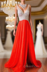 V Neck And V Back Sequins Chiffon Red Evening Prom Dresses, Long Red Formal Dresses, Evening Dresses