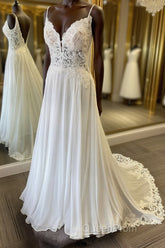 V Neck and V Back White Lace Long Evening Prom Dresses, White Lace Wedding Dresses, Long White Formal Evening Dresses