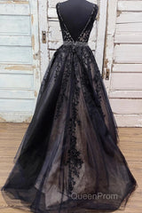 V Neck Backless Black Lace Long Evening Prom Dresses, Black Lace Formal Dresses, Black Evening Dresses