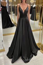 V Neck Backless Black Satin Long Evening Prom Dresses, Backless Black Formal Dresses, Black Evening Dresses