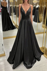 V Neck Backless Black Satin Long Evening Prom Dresses, Backless Black Formal Dresses, Black Evening Dresses