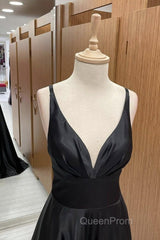 V Neck Backless Black Satin Long Evening Prom Dresses, Backless Black Formal Dresses, Black Evening Dresses