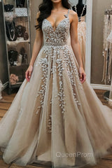 V Neck Backless Champagne Tulle Lace Long Evening Prom Dresses, Champagne Lace Formal Evening Dresses, Champagne Ball Gown