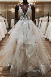 V Neck Backless Light Champagne Lace Wedding Dresses, Open Back Champagne Lace Formal Evening Prom Dresses