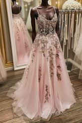 V Neck Backless Pink Lace Long Evening Prom Dresses, Long Pink Lace Formal Evening Dresses