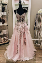 V Neck Backless Pink Lace Long Evening Prom Dresses, Long Pink Lace Formal Evening Dresses