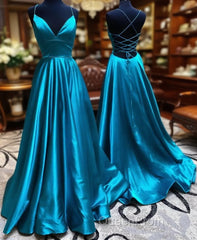 V Neck Backless Teal Long Evening Prom Dresses, V Neck Open Back Blue Formal Evening Dresses