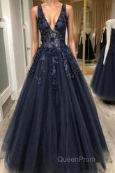 V Neck Beaded Black Lace Appliques Long Evening Prom Dresses, Black Lace Formal Graduation Evening Dresses