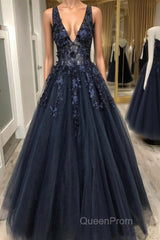 V Neck Beaded Black Lace Appliques Long Evening Prom Dresses, Black Lace Formal Graduation Evening Dresses
