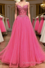V Neck Beaded Hot Pink Lace Tulle Long Evening Prom Dresses, Hot Pink Lace Formal Dresses, Hot Pink Evening Dresses