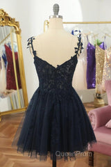 V Neck Beaded Navy Blue Lace Evening Prom Dresses, Navy Blue Lace Homecoming Dresses, Short Navy Blue Formal Graduation Evening Dresses