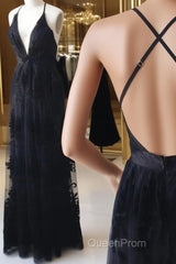 V Neck Black Backless Lace Evening Prom Dresses, Open Back Black Lace Formal Evening Bridesmaid Dresses