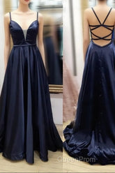 V Neck Black Satin Long Evening Prom Dresses, Black V Neck Long Satin Formal Evening Dresses
