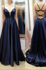 V Neck Black Satin Long Evening Prom Dresses, Black V Neck Long Satin Formal Evening Dresses