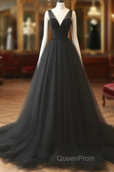 V Neck Black Tulle A Line Evening Prom Dresses