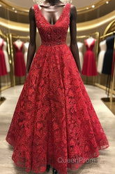 V Neck Burgundy Lace Long Evening Prom Dresses, Burgundy Lace Formal Dresses, Burgundy Evening Dresses