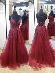 V Neck Burgundy Lace Evening Prom Dresses Long, Wine Red V Neck Lace Long Formal Evening Dresses