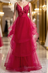 V Neck Burgundy Lace Evening Prom Dresses, Wine Red Lace Formal Evening Graduation Dresses