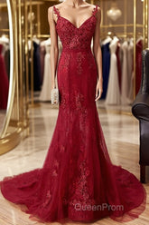 V Neck Burgundy Mermaid Lace Evening Prom Dresses, Wine Red Mermaid Lace Formal Bridesmaid Dresses