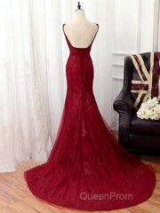 V Neck Burgundy Mermaid Lace Evening Prom Dresses, Wine Red Mermaid Lace Formal Bridesmaid Dresses