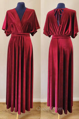 V-Neck Burgundy Velvet Long Bridesmaid Dresses