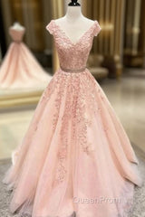 V Neck Cap Sleeves Peach Lace A-Line Long Evening Evening Prom Dresses