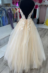 V Neck Champagne Tulle Lace Wedding Dresses, Champagne Tulle Lace Formal Evening Prom Dresses
