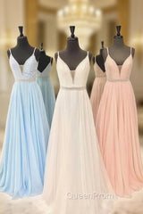 V Neck Chiffon Sequin Long Evening Prom Dresses, Cute Evening Dresses