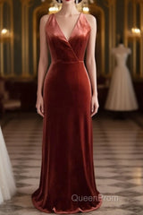 V-Neck Copper Velvet Long Bridesmaid Dresses With Strap Back