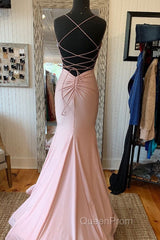 V Neck Lace-Up Back Sexy Mermaid Pink Long Evening Prom Dresses