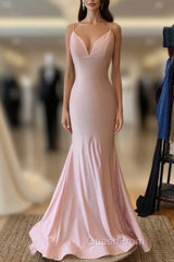 V Neck Lace-Up Back Sexy Mermaid Pink Long Evening Prom Dresses