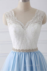 V Neck Light Blue Lace Evening Prom Dresses, Light Blue Lace Formal Evening Dresses