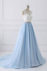 V Neck Light Blue Lace Evening Prom Dresses, Light Blue Lace Formal Evening Dresses