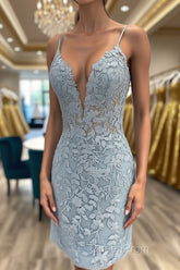 V Neck Light Blue Short Lace Evening Prom Dresses, Light Blue Short Blue Lace Graduation Homecoming Dresses