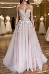 V Neck Light Pink Tulle Lace Evening Prom Dresses, Light Pink Tulle Lace Formal Evening Dresses