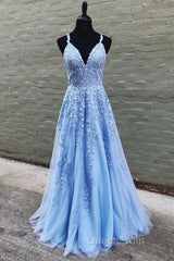 V Neck Long Blue Lace Evening Prom Dresses, Blue Long Lace Formal Evening Bridesmaid Dresses