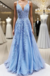 V Neck Long Blue Lace Evening Prom Dresses, Blue Long Lace Formal Evening Bridesmaid Dresses