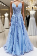 V Neck Long Blue Lace Evening Prom Dresses, Blue Long Lace Formal Evening Bridesmaid Dresses