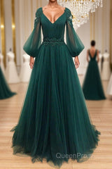V Neck Long Sleeves Green Lace Evening Prom Dresses, V Neck Green Lace Formal Evening Dresses